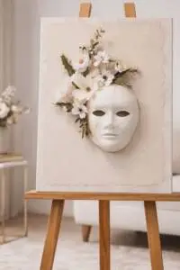 A mask mounted on a canvas sitting on an easel in a living room.
