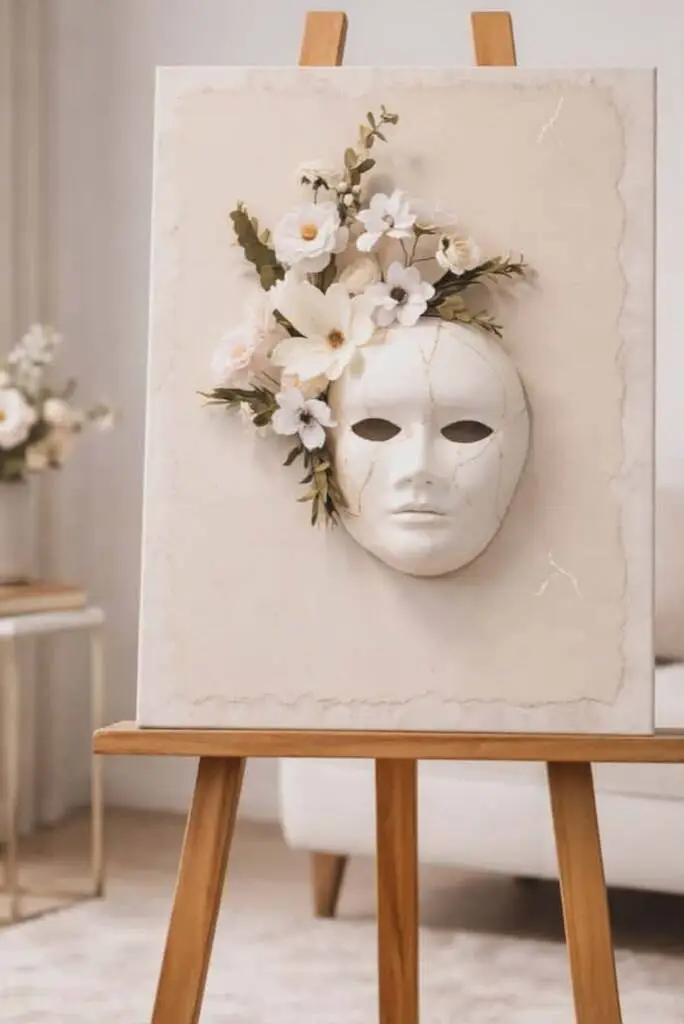 A mask mounted on a canvas sitting on an easel in a living room.